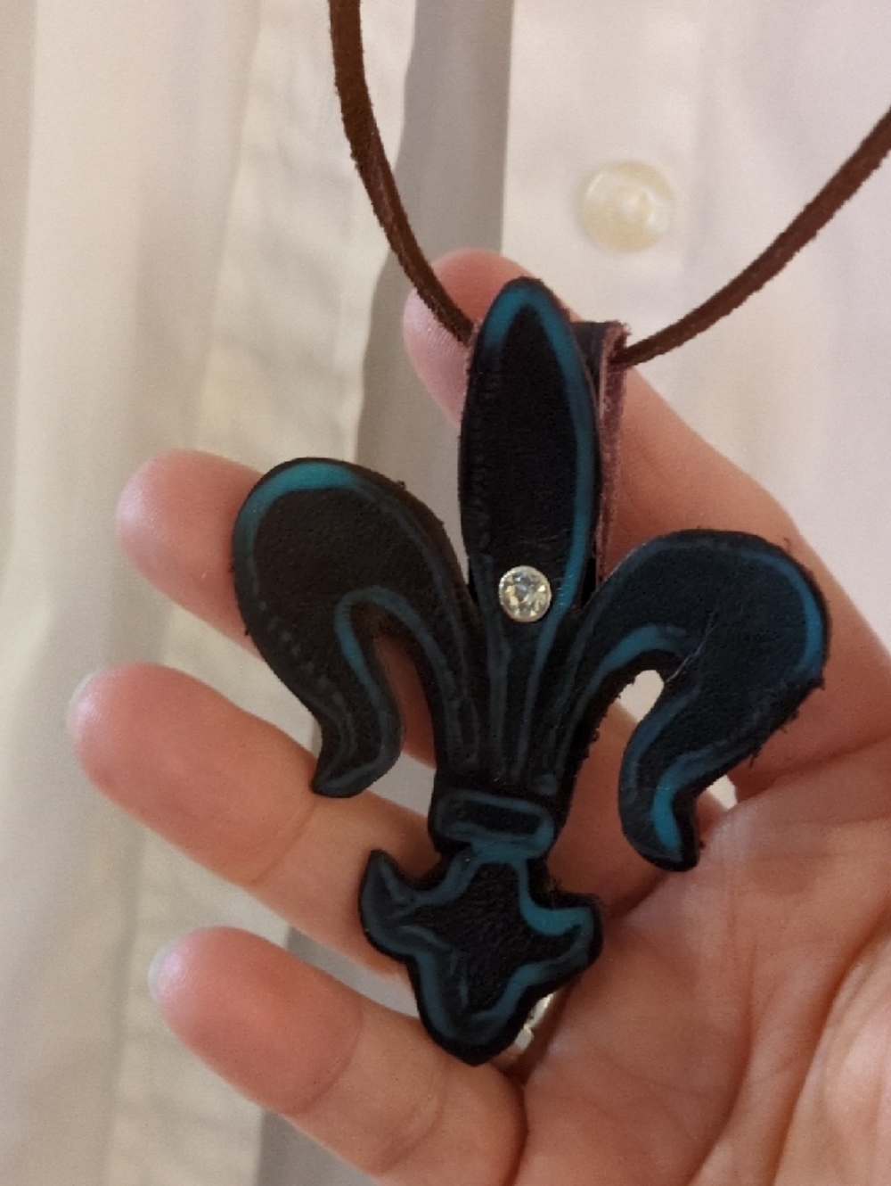 Handmade Genuine Leather Hand Painted Fleur-de-Lis Necklace Crystal Rivet Accent